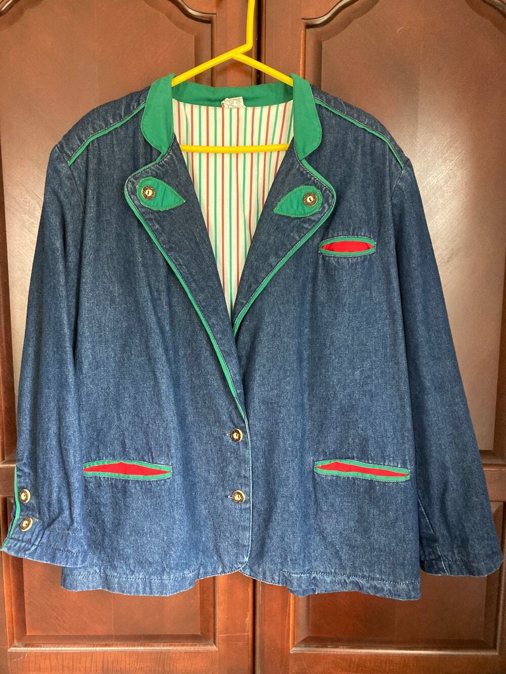 Oversized Whimsical Retro 80s Folk Vintage Denim Blazer Green Red-3X/4X